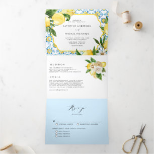 Waterverf Lemon Mediterranean Summer Wedding Drieluik Uitnodiging