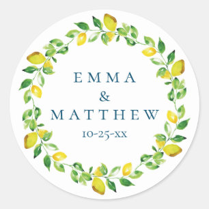 Waterverf Lemon Mediterranean Wedding Logo Ronde Sticker