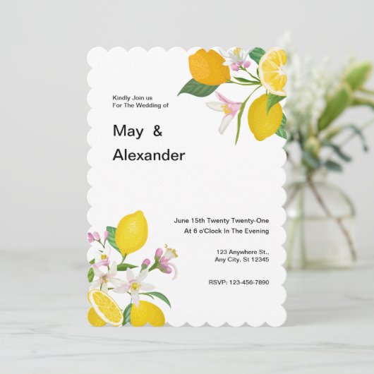Waterverf Lemon Theme Huwelijksuitnodiging Kaart (Staand voorkant)