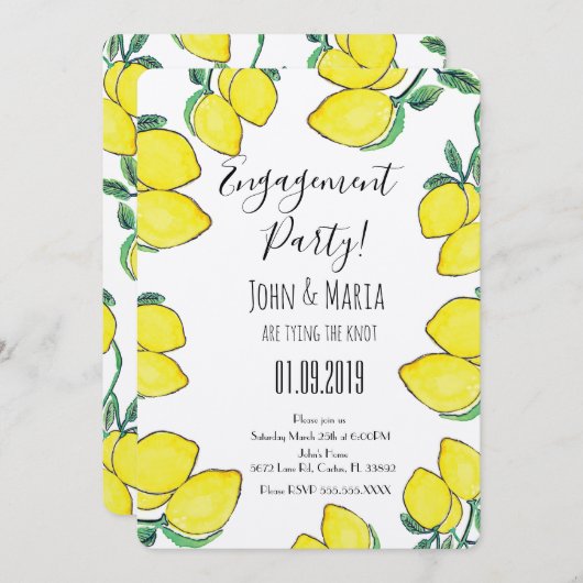 Waterverf Lemon Vine Border Engagement Party Kaart (Voorkant / Achterkant)