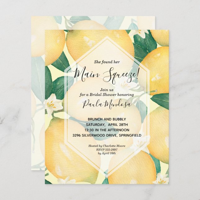 Waterverf Lemons Bridal Shower Invitations (Voorkant / Achterkant)