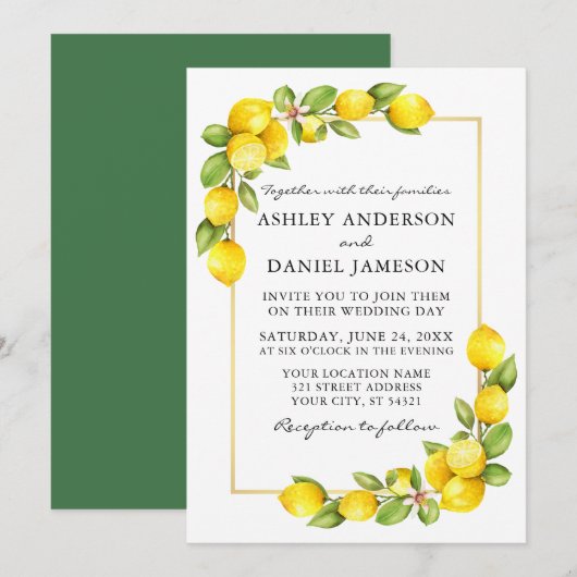 Waterverf Lemons Gold Lijst Greenery Wedding Kaart (Voorkant / Achterkant)