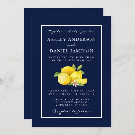 Waterverf Lemons Greenery Blue Wedding Kaart (Voorkant / Achterkant)