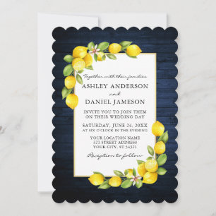 Waterverf Lemons Greenery Blue Wood Wedding Kaart