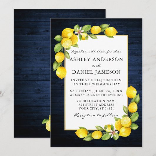 Waterverf Lemons Greenery Blue Wood Wedding Kaart (Voorkant / Achterkant)