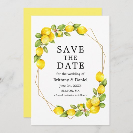 Waterverf Lemons Greenery Geo Lijst sparen de Datu Save The Date (Voorkant / Achterkant)