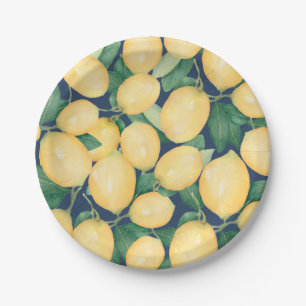Waterverf Lemons Greenery over Navy Blue Papieren Bordje