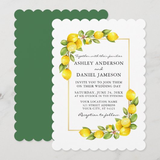 Waterverf Lemons Greenery Wedding Green Kaart (Voorkant / Achterkant)