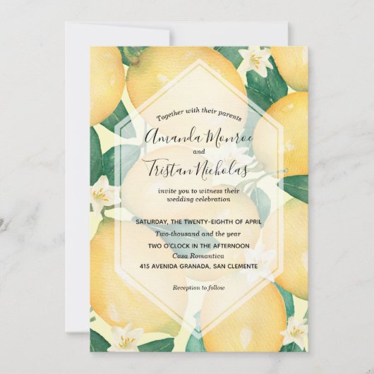 Waterverf Lemons Greenery Wedding Invitations (Voorkant)