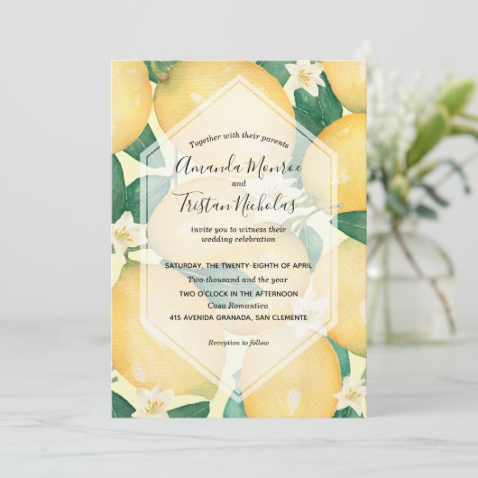 Waterverf Lemons Greenery Wedding Invitations (Staand voorkant)