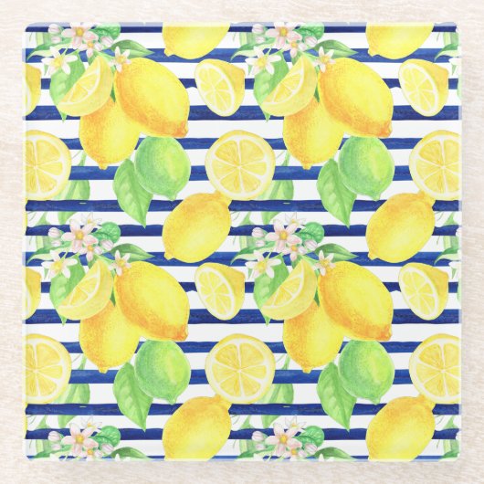Waterverf Lemons op blauwe strepen Glazen Onderzetter (Voorkant)