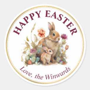 Waterverf lente bloemen en konijnen Gelukkig Pasen Ronde Sticker