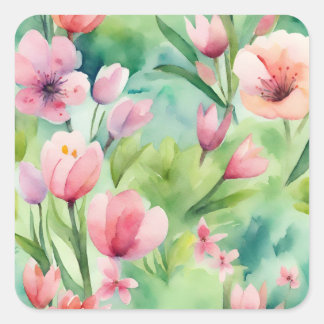 Waterverf Lente Flowers Vierkante Sticker