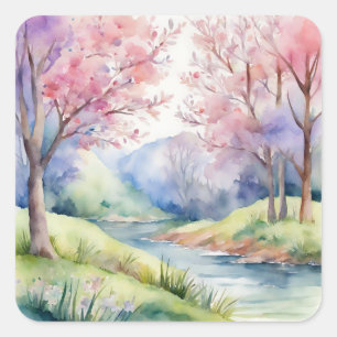 Waterverf Lente Natuur Scène Vierkante Sticker