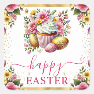Waterverf Lentebloemen Cupcake Pasen Vierkante Sticker