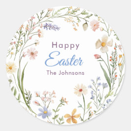 Waterverf lentebloemenkrans Happy Easter Ronde Sticker