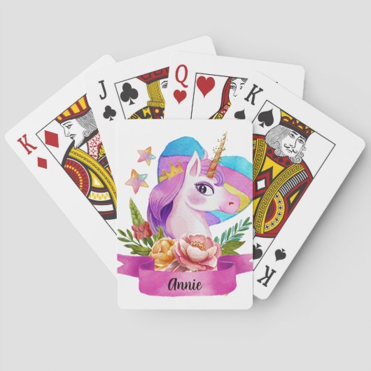 Waterverf Leuke Eenhoorn Hart Aangepaste Naam Pokerkaarten (Achterkant)