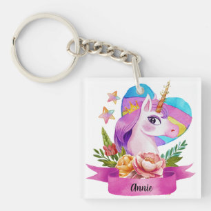Waterverf Leuke Eenhoorn Hart Aangepaste Naam Sleutelhanger