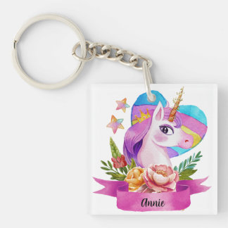 Waterverf Leuke Eenhoorn Hart Aangepaste Naam Sleutelhanger