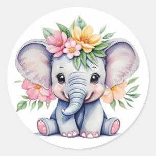 Waterverf Leuke Olifant met bloemetjes Ronde Sticker