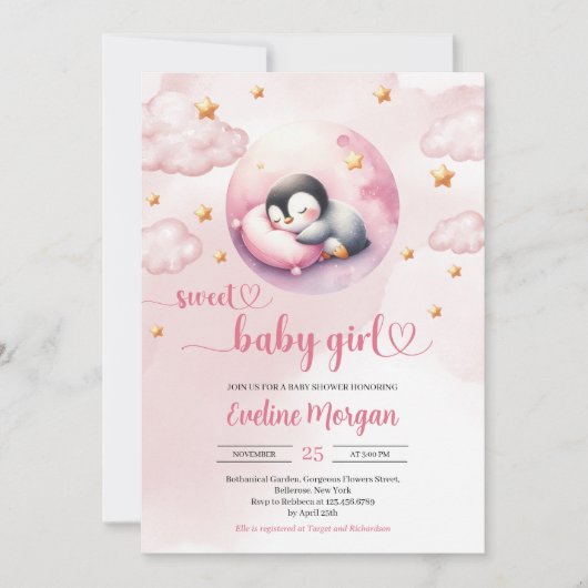 Waterverf leuke pinguïn meisje baby shower kaart (Voorkant)