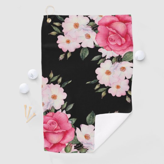 Waterverf Levendig Roze Wit Rozen Modern Zwart Golfhanddoek (Insitu)