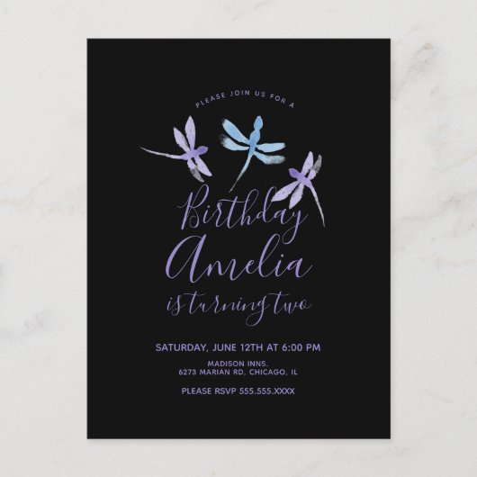 Waterverf Libel Paars Zwart Verjaardagsfeest Briefkaart (Voorkant)