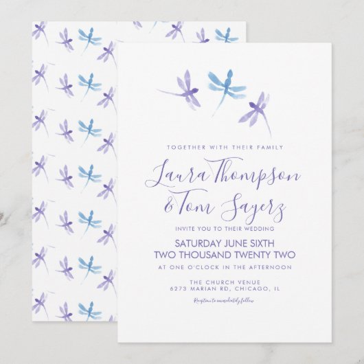 Waterverf Libelle Elegant Script Bruiloft Kaart (Voorkant / Achterkant)