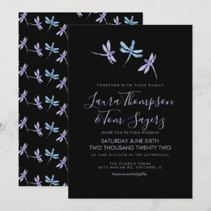 Waterverf Libelle Elegant Script Bruiloft Zwart Kaart