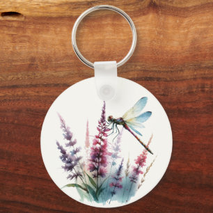 Waterverf Libelle Paarse Wilde Bloem Natuur Kunst Sleutelhanger