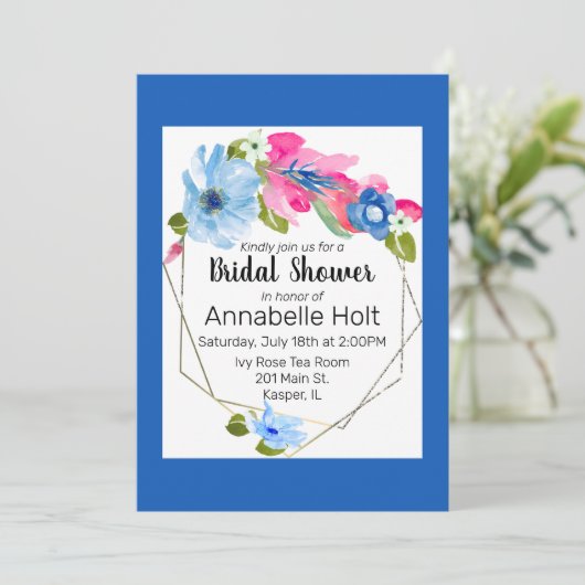 Waterverf Lichtblauw Heet Roze Bloemen Goud Lijst Kaart (Staand voorkant)