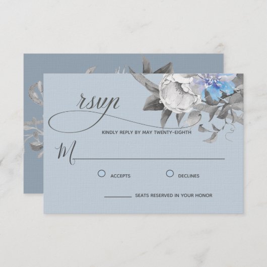 Waterverf lichte-stofblauw-kalligrafie RSVP kaartje (Voorkant / Achterkant)