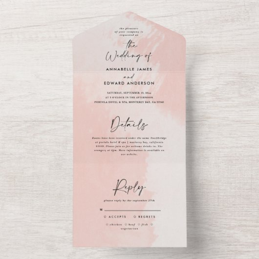 Waterverf lichtroze en witte, stijlvolle bruiloft all in one uitnodiging (Binnen)