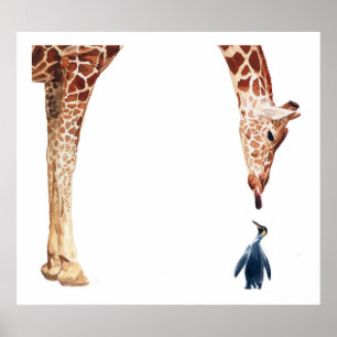 waterverf "Licker with Penguin" Giraffe Poster