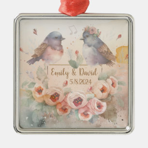 Waterverf liefde vogels met rozen voor bruiloft metalen ornament