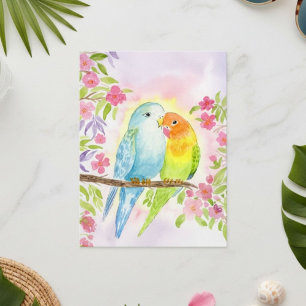 Waterverf Liefdesvogels met Roze Bloemen Briefkaart