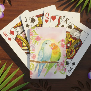 Waterverf Liefdesvogels met Roze Bloemen Pokerkaarten