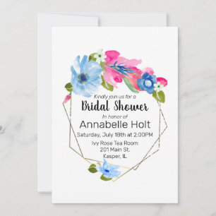 Waterverf Light Blue Hot Pink Floral Gold Lijst Kaart