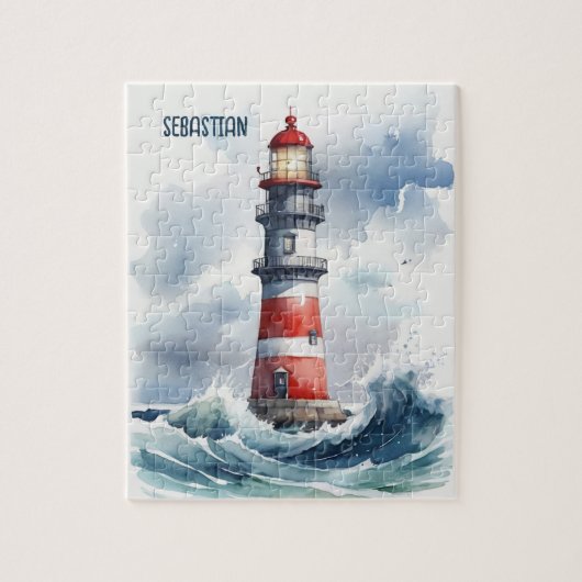 Waterverf Lighthouse gepersonaliseerd Legpuzzel (Verticaal)
