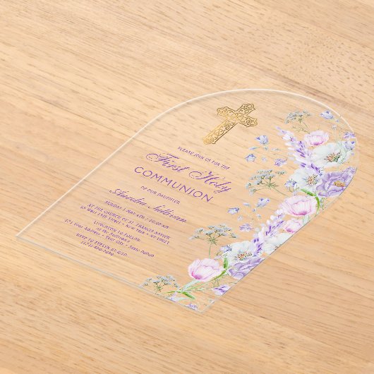 Waterverf Lila Bloemen Boog Eerste Communie Acryl Uitnodigingen (Laagn)