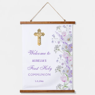 Waterverf Lila Bloemen Eerste Communie Welkom Hangend Wandkleed