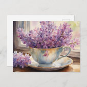 Waterverf Lila bloemen in een theekopje Briefkaart (Voorkant / Achterkant)