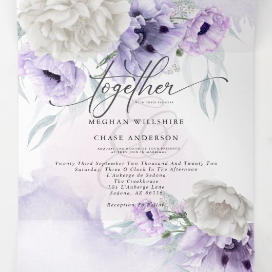 Waterverf Lila bloemen IN ÉÉN WEDING Drieluik Uitnodiging (Binnenkant midden)