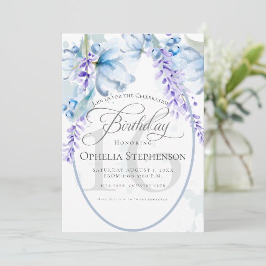 Waterverf Lila-Dusty Blue Milestone Birthday Kaart (Staand voorkant)