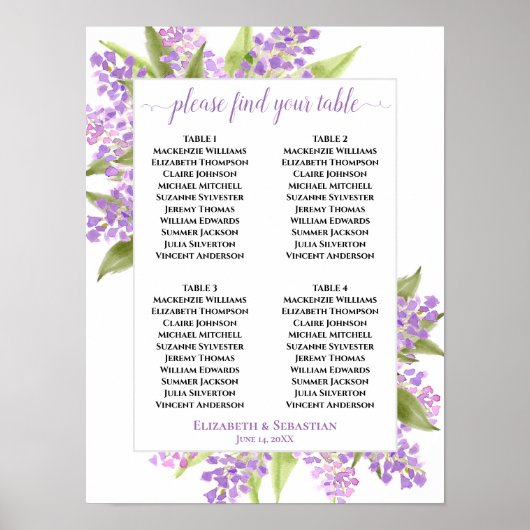 Waterverf Lilacs 4 Table Wedding Seating Chart Poster (Voorkant)