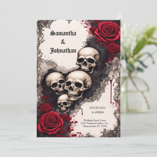 Waterverf Lint Schedel en Rozen Gothic Bruiloft Kaart (Staand voorkant)