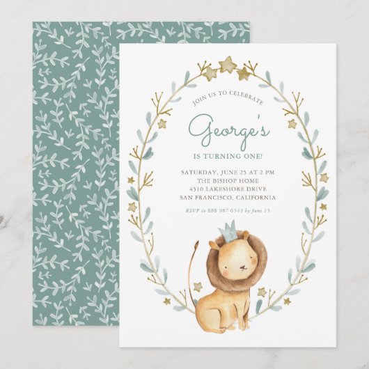 Waterverf Lion Prince Wreath Birthday Party Kaart (Voorkant / Achterkant)