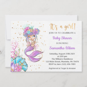 Waterverf Little Mermaid Baby shower Invitation Kaart