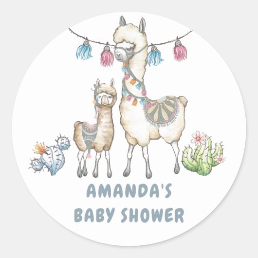 Waterverf Llama, Baby shower met thema Ronde Sticker (Voorkant)