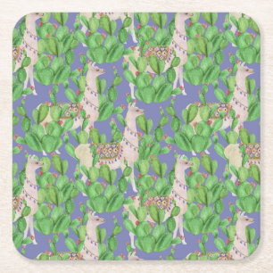 Waterverf Llama en Catus Pattern Vierkante Kartonnen Onderzetter